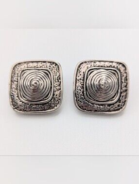 Vintage 1980's Silver-Tone Textured Spiral Clip-On  Square Earrings
